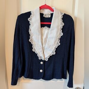 Vintage Jeffrey & Dara Navy Blue Cardigan with Lace Trim